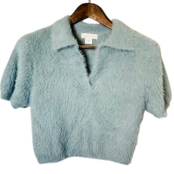 House of Harlow Baby Tee Polo Cropped Fuzzy Sweater Short Sleeve Medium - Picture 1 of 6
